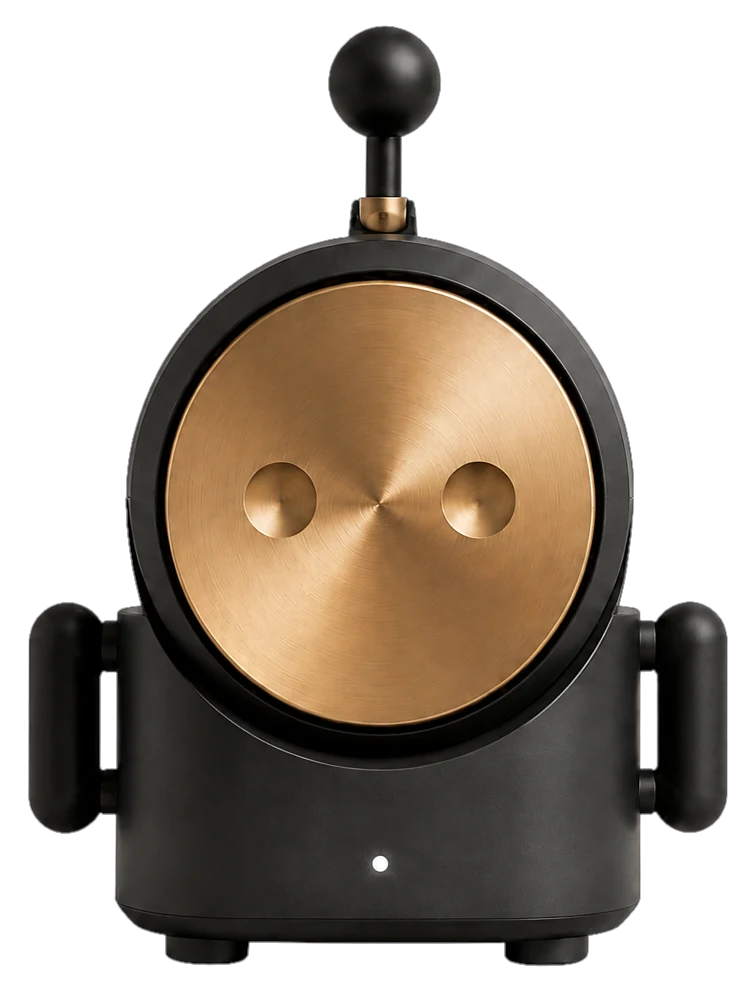 Mr. Gong head-on: a charcoal cylindrical body, a big brushed-brass gong face with two eye dimples, and a black striker resting above his head