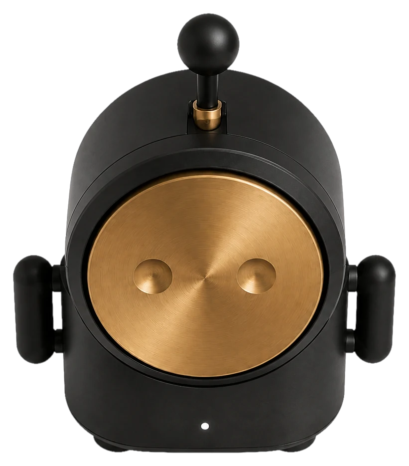 Mr. Gong from above, showing the brass hinge of the striker mechanism